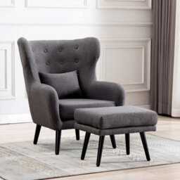 More4Homes Winslow Wing Back Occasional Bedroom Living Room Button Back Linen Fabric Accent Chair Armchair (Grey W Footstool)
