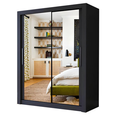 Ie Milan Sliding Mirror Door Wardrobe With Drawers & Shelves - Modern Bedroom Wardrobe, Black, (150 Cm X 216Cm ) - image 1
