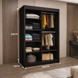 Ie Milan Sliding Mirror Door Wardrobe With Drawers & Shelves - Modern Bedroom Wardrobe, Black, (150 Cm X 216Cm ) - thumbnail 3