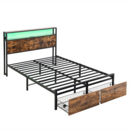 Abrihome 4Ft6 Double Bed 135X190Cm, With Led Light Strip And 2 Drawers, 2 Usb Port+1 Type, Wrought Iron Bed, Black+Walnut - thumbnail 8