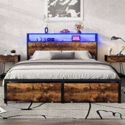 Abrihome 4Ft6 Double Bed 135X190Cm, With Led Light Strip And 2 Drawers, 2 Usb Port+1 Type, Wrought Iron Bed, Black+Walnut - thumbnail 9