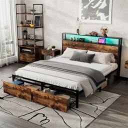Abrihome 4Ft6 Double Bed 135X190Cm, With Led Light Strip And 2 Drawers, 2 Usb Port+1 Type, Wrought Iron Bed, Black+Walnut - thumbnail 1