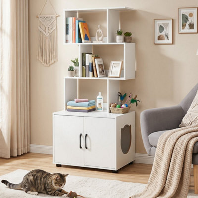 White Pet House Corner Bookshelf 141 Cm Tall Cat Litter Box Enclosure With Storage - image 1