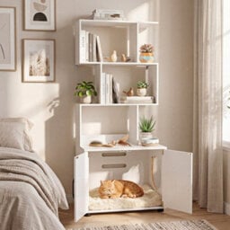 White Pet House Corner Bookshelf 141 Cm Tall Cat Litter Box Enclosure With Storage - thumbnail 3