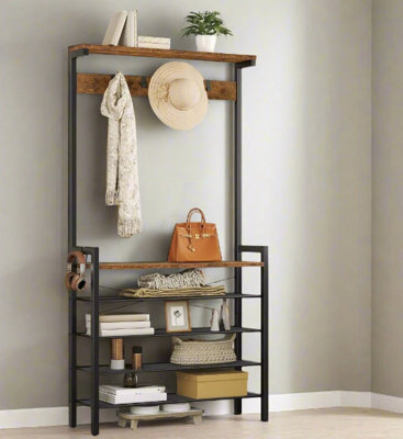 Modcraft Entryway Coat Rack Stand With Shoe Storage Shelves - Industrial Hallway Organiser - image 1