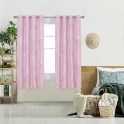Deconovo Blackout Eyelet Curtains Thermal Insulated Gold Wave Line Foil Printed Curtains For Bedroom 66X72 Inch Pink 2 Panels - thumbnail 2
