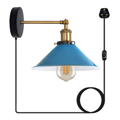 Industrial Blue Plug In Wall Sconce E27 Arm Lamp For Living Room & Bedroom (With Bulb)