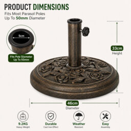Shopnbits 9Kg Cast Iron Effect Parasol Base Heavy Duty Garden Umbrella Stand Patio Outdoor Bronze 50mm - thumbnail 3