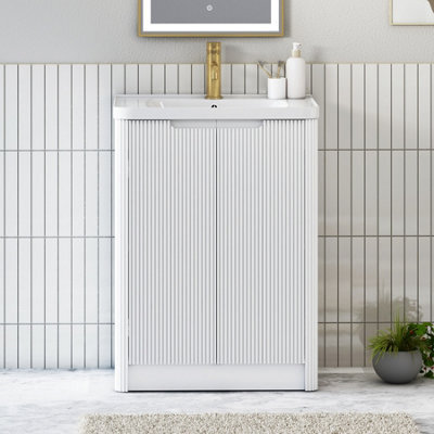 Royal Bathrooms Avenza 600mm Fluted Floor Standing Vanity Unit Matt White 2 Door Storage Cabinet With Ceramic Basin - image 1