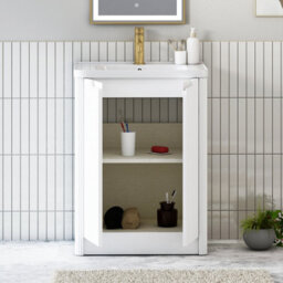 Royal Bathrooms Avenza 600mm Fluted Floor Standing Vanity Unit Matt White 2 Door Storage Cabinet With Ceramic Basin - thumbnail 3