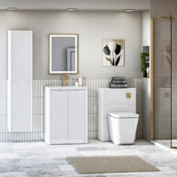 Royal Bathrooms Avenza 600mm Fluted Floor Standing Vanity Unit Matt White 2 Door Storage Cabinet With Ceramic Basin - thumbnail 2