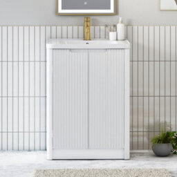 Royal Bathrooms Avenza 600mm Fluted Floor Standing Vanity Unit Matt White 2 Door Storage Cabinet With Ceramic Basin - thumbnail 1