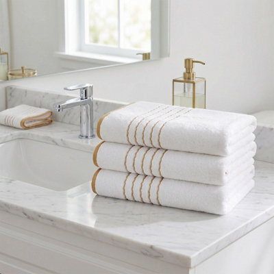 Living And Home 3 Pack Polyester Bath Towels Elegant Gold Line White Soft Absorbent Hanging Loop Bathroom Towel Set - image 1