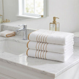 Living And Home 3 Pack Polyester Bath Towels Elegant Gold Line White Soft Absorbent Hanging Loop Bathroom Towel Set - thumbnail 1