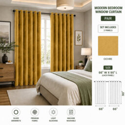 Aspire Homeware Ochre Velvet Curtain Room Darkening Blackout Eyelet Curtain Pair (W) 168Cm X (D)228Cm With Tie Back Pair - thumbnail 9
