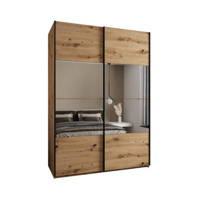 Arte Warm Oak Artisan Trosa Iv Sliding Door Wardrobe - 180Cm With Mirrored Doors, Ten Shelves, Hanging Rail - image 1