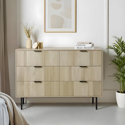 Ohs Ribbed 6 Drawer Cabinet Chest Of Drawers Sideboard - Light Wood - image 1