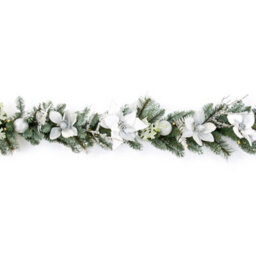 1.8M Poinsettia White & Silver Pre-Lit Christmas Garland - Battery-Powered