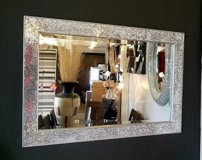 Biznest Large Crackle Design Wall Mirror Bevelled Edge Silver Frame Mosaic Glass 90X60Cm New Home Decor Gift