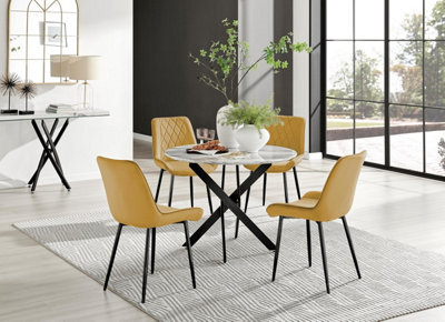 Furniturebox Uk Novara White Marble Black Leg Round Dining Table & 4 Mustard Pesaro Black Leg Chairs - image 1