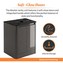 Plum&clay Mayfair Gloss Dark Grey Freestanding Bathroom Vanity Unit With Black Slate Countertop (W)650mm (H)745mm - thumbnail 4