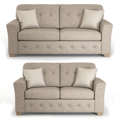 Furnishings For Less UK Hartley Beige 3 + 2 Sofa Suite Full Back Tufted Cushions - image 1