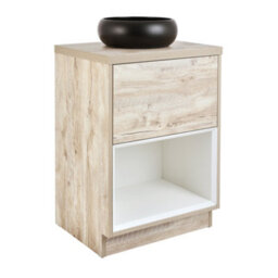 Homestylestore Light Oak 600mm Led Lit Bathroom Vanity Unit Round Countertop Graphite Basin Open Shelf