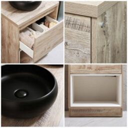 Homestylestore Light Oak 600mm Led Lit Bathroom Vanity Unit Round Countertop Graphite Basin Open Shelf - thumbnail 2