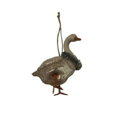 Gisela Graham Christmas Painted Glass Goose Christmas Tree Decoration With Glitter, Diamante Back And Snow Effect, 10 X 8 Cm