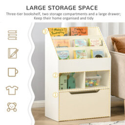 Homcom Kids Bookcase, Toy Box W/ Storage Drawer, Wheels For Bedroom - White - thumbnail 4
