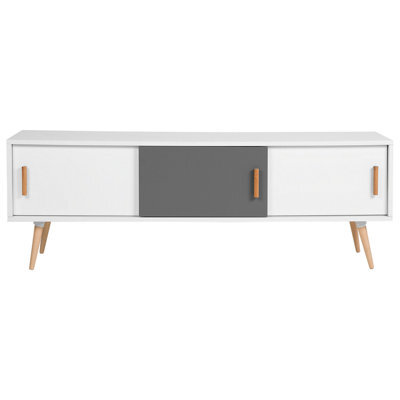 Beliani Sideboard White And Grey With Beechwood Legs, 3 Sliding Doors, W160 X D40 X H55Cm - image 1