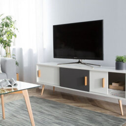 Beliani Sideboard White And Grey With Beechwood Legs, 3 Sliding Doors, W160 X D40 X H55Cm - thumbnail 2