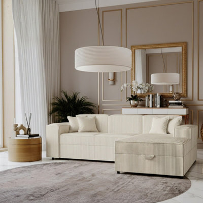 Santos L Corner Sofa Bed For Living Room Chipboard Frame Polyurethane Foam Wave Springs 253X166X79 Cm Cream Right - image 1