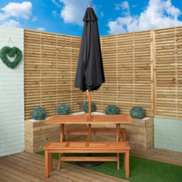 Samuel Alexander Outdoor 4 Person Rectangular Wooden Garden Dining Table, 2 Benches With Black Parasol And Base Set - thumbnail 2