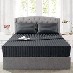Ameha Stripe Fitted Sheet 40 Cm Deep Pocket- Hypoallergenic Easy Care Charcoal Bed Sheets Uk King Bedsheet(152X200Cm) - thumbnail 2