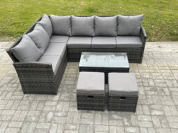 Fimous Rattan Lounge Corner Sofa Set Wicker Outdoor Garden Furniture Set With Rectangular Coffee Table 2 Small Footstools - thumbnail 2