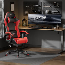 Massage Gaming Chair With Footrest, Headrest & Lumbar Support, Height Adjustable For Home, Red Black - thumbnail 2