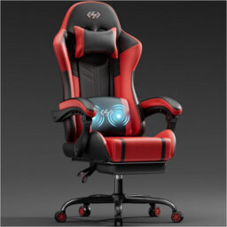 Massage Gaming Chair With Footrest, Headrest & Lumbar Support, Height Adjustable For Home, Red Black