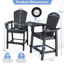 Gainoom Adirondack Black Chair Set Double Barstools & Middle Connecting Tray W/ Umbrella Hole - thumbnail 2