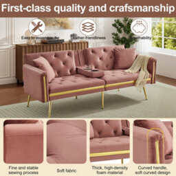 Matteo 2-Seater Velvet Sofa Bed With Adjustable Backrest And Gold Accents - Pink - thumbnail 9