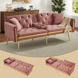 Matteo 2-Seater Velvet Sofa Bed With Adjustable Backrest And Gold Accents - Pink - thumbnail 8