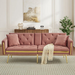 Matteo 2-Seater Velvet Sofa Bed With Adjustable Backrest And Gold Accents - Pink - thumbnail 5