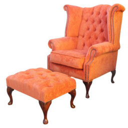 Chesterfield High Back Wing Chair + Footstool Azzuro Tangerine Fabric In Queen Anne Style - thumbnail 1