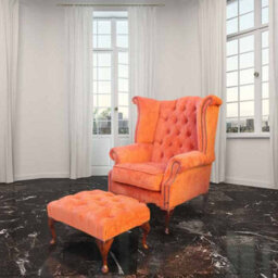 Chesterfield High Back Wing Chair + Footstool Azzuro Tangerine Fabric In Queen Anne Style - thumbnail 2