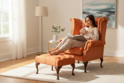 Chesterfield High Back Wing Chair + Footstool Azzuro Tangerine Fabric In Queen Anne Style - thumbnail 3