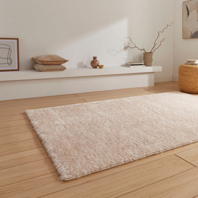 Cream Plain Shaggy 45mm Thick Stain-Resistant Rug For Bedroom, & Dining Room, Easy To Clean Modern Rug-160Cm X 230Cm