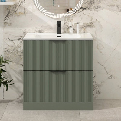 Royal Bathrooms Evora 800mm Sage Green Fluted Floor Standing Bathroom Vanity Unit 2 Drawer Cabinet With Ceramic Basin & Matt Black Handles - image 1