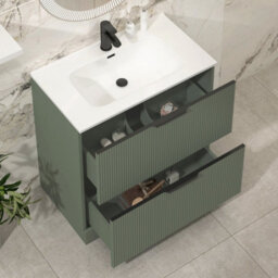 Royal Bathrooms Evora 800mm Sage Green Fluted Floor Standing Bathroom Vanity Unit 2 Drawer Cabinet With Ceramic Basin & Matt Black Handles - thumbnail 3