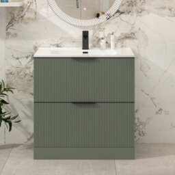 Royal Bathrooms Evora 800mm Sage Green Fluted Floor Standing Bathroom Vanity Unit 2 Drawer Cabinet With Ceramic Basin & Matt Black Handles