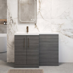 Balterley Left-Hand Bathroom Vanity And Wc Unit Combination With Basin - 1100mm - Woodgrain Anthracite With Brushed Bronze Handles - thumbnail 2